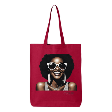 Hi There! Gusseted tote bag featuring an illustration of a beautiful woman with sunglasses and an afro.